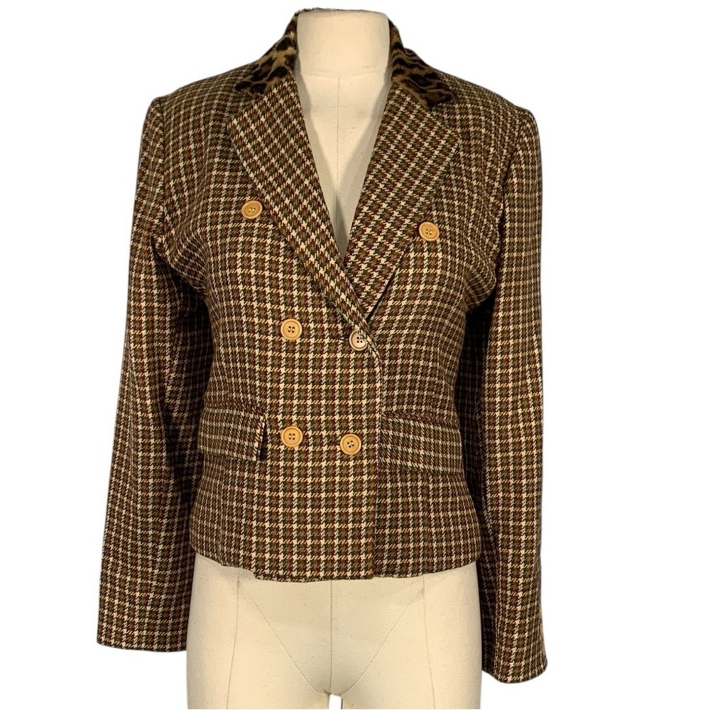 Vintage Finis Retro Y2k Faux Fur Collar Button Front  Blazer Plaid Size 4